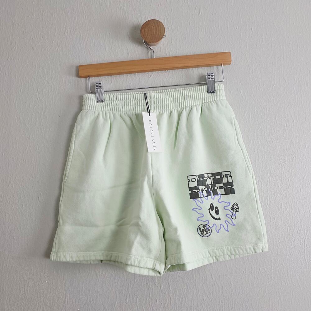 Daydreamer Green Mist Checkered Logo Boyfriend Sweatshorts High Waist Fleece S
